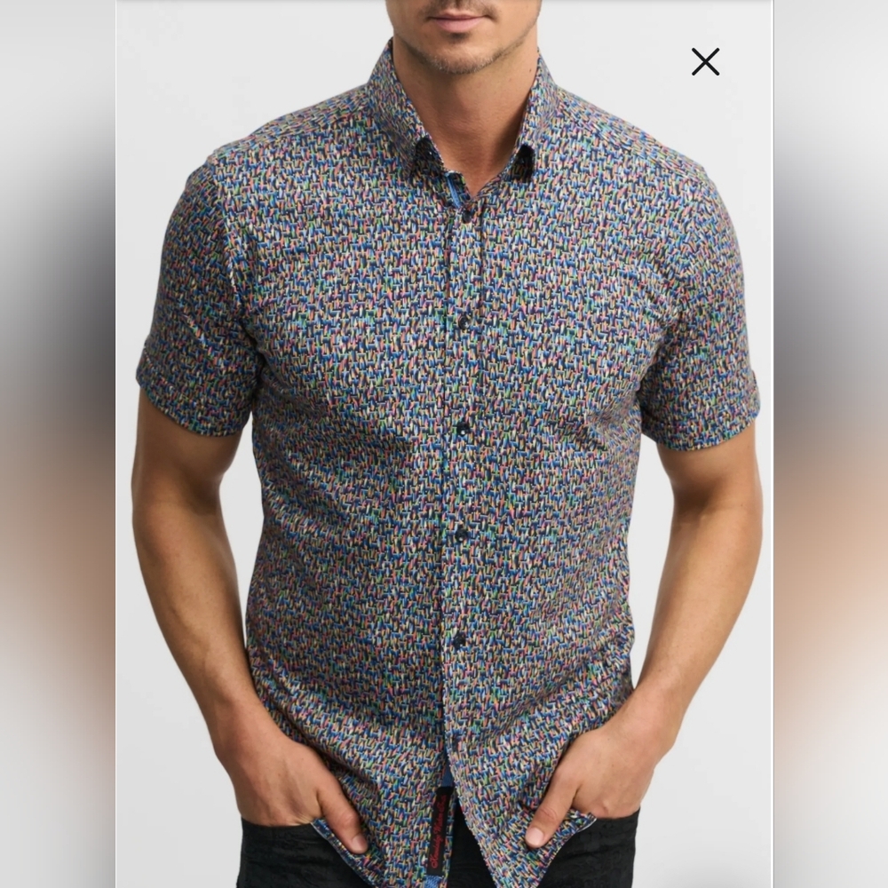 Robert Graham Ritter Knit Cuffed Short Sleeve Tailored Fit Shirt Sz L Kite Print